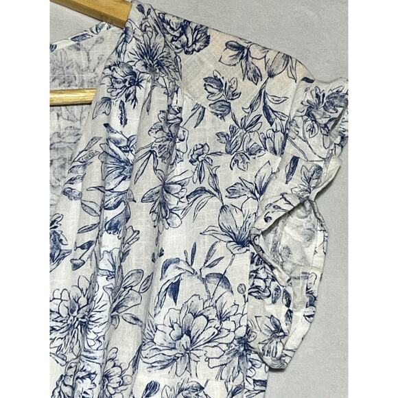 Monteau Linen Blend Faux Wrap Dress Small White Blue Floral Flutter Sleeve Tie - Picture 6 of 12